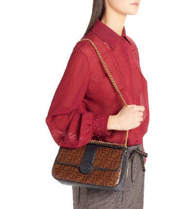Shop Fendi Double-f Leather & Canvas Shoulder Bag - Black In Nero/ Mohogany Panna/ Oro
