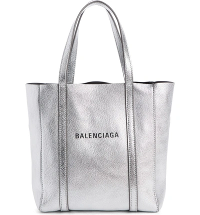 Shop Balenciaga Extra Extra Small Everyday Logo Goatskin Tote - Metallic In Argent/ Noir