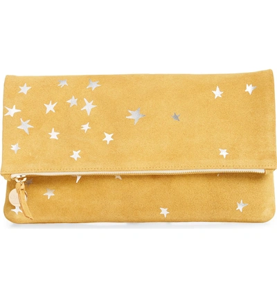Shop Clare V Margot Star Print Foldover Suede Clutch - Yellow In Mustard Stars