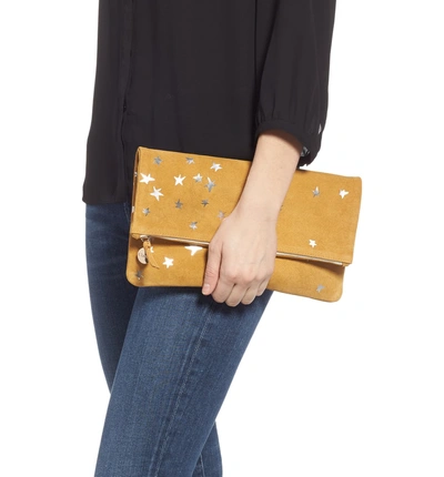 Shop Clare V Margot Star Print Foldover Suede Clutch - Yellow In Mustard Stars