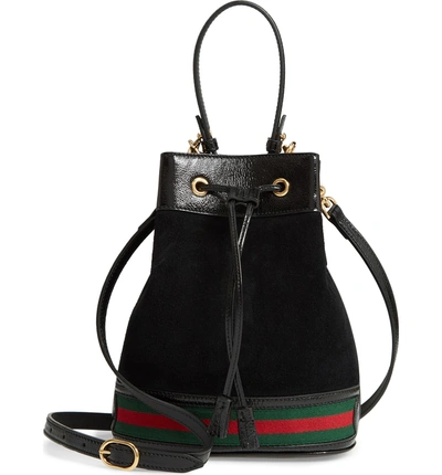 Shop Gucci Smallsuede & Leather Bucket Bag In Nero/ Vert/ Red