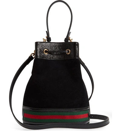 Shop Gucci Smallsuede & Leather Bucket Bag In Nero/ Vert/ Red