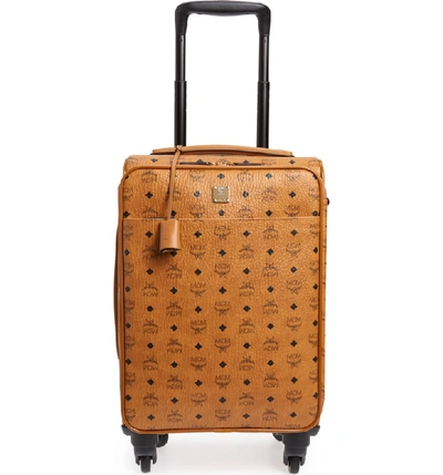 Shop Mcm Small Traveler Visetos 21-inch Trolley Wheeled Suitcase - Brown In Cognac