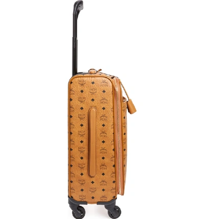 Shop Mcm Small Traveler Visetos 21-inch Trolley Wheeled Suitcase - Brown In Cognac