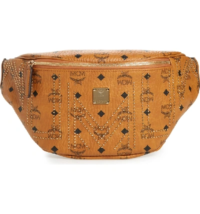 Shop Mcm Stark Studded Print Belt Bag - Brown In Cognac