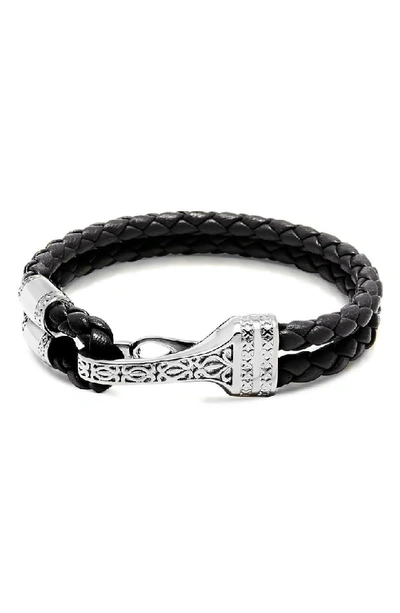 Shop Nialaya Bali Clasp Leather Bracelet In Silver/ Black