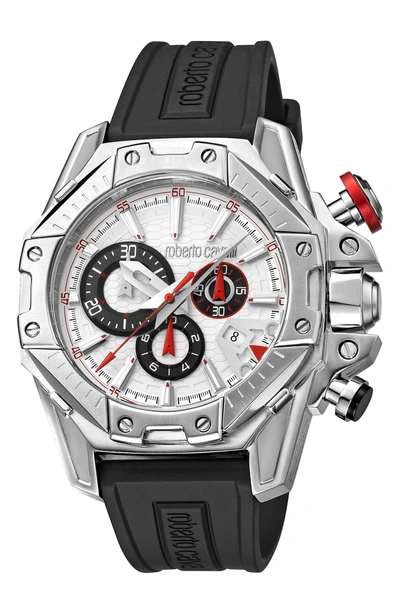 Shop Roberto Cavalli By Franck Muller Viper Chronograph 44mm Rubber Strap Watch In Black/ Silver