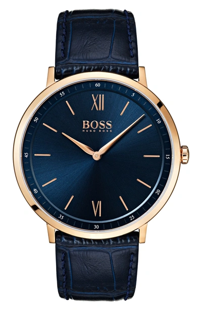 Shop Hugo Boss Essential Ultra Slim Leather Strap Watch, 40mm In Blue