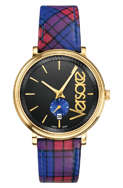 Shop Versace V Circle Clans Edition Leather Strap Watch, 42mm In Tartan Red/ Black/ Gold