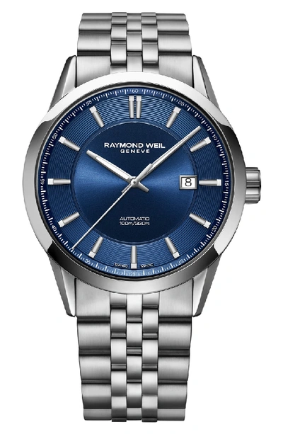 Shop Raymond Weil Freelancer Automatic Bracelet Watch, 43mm In Silver/ Blue/ Silver