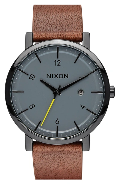 Shop Nixon 'rollo' Leather Strap Watch, 42mm In Brown/ Charcoal