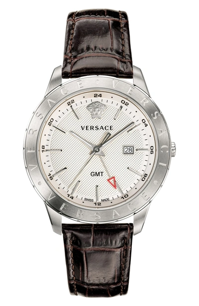 Shop Versace Univers Leather Strap Watch, 43mm In Brown/ White/ Silver