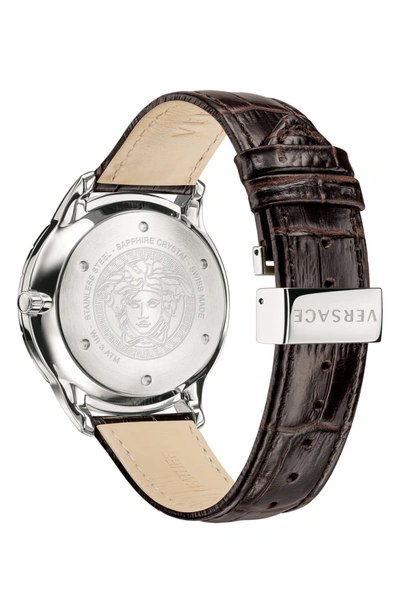 Shop Versace Univers Leather Strap Watch, 43mm In Brown/ White/ Silver