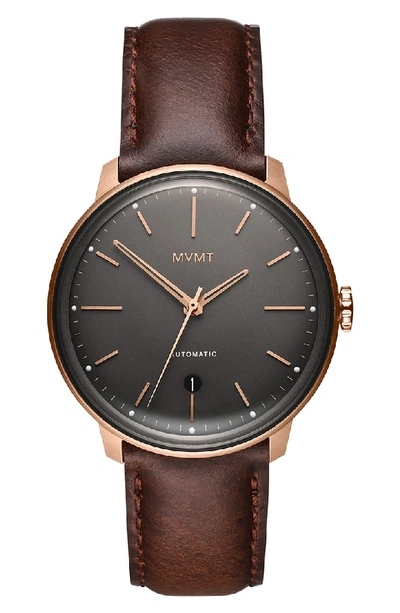 Shop Mvmt Automatic Leather Strap Watch In Grey/ Brown