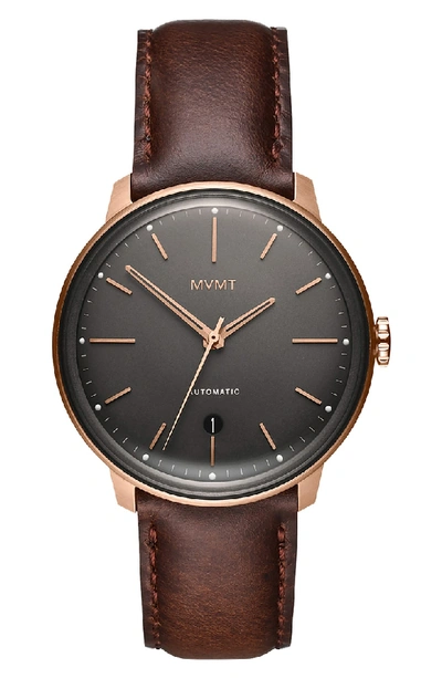 Shop Mvmt Automatic Leather Strap Watch In Grey/ Brown