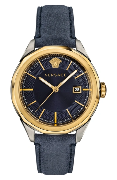 Shop Versace Glaze Leather Strap Watch, 43mm In Blue/ Gold/ Silver