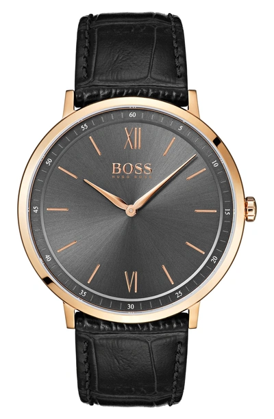 Shop Hugo Boss Essential Ultra Slim Leather Strap Watch, 40mm In Grey