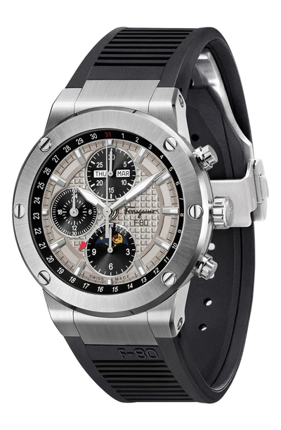 Shop Ferragamo F-80 Limited Edition Automatic Chronograph Rubber Strap Watch, 44mm In Black/ Grey/ Silver