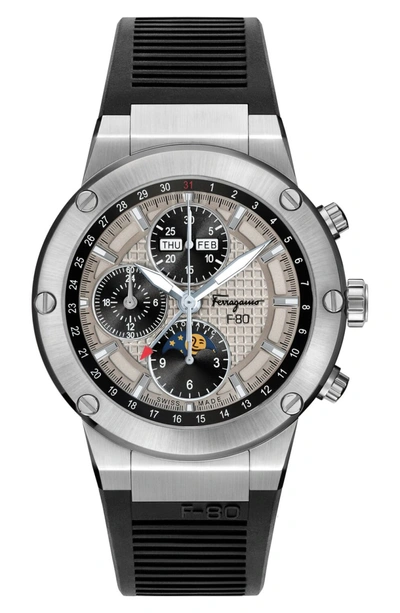 Shop Ferragamo F-80 Limited Edition Automatic Chronograph Rubber Strap Watch, 44mm In Black/ Grey/ Silver