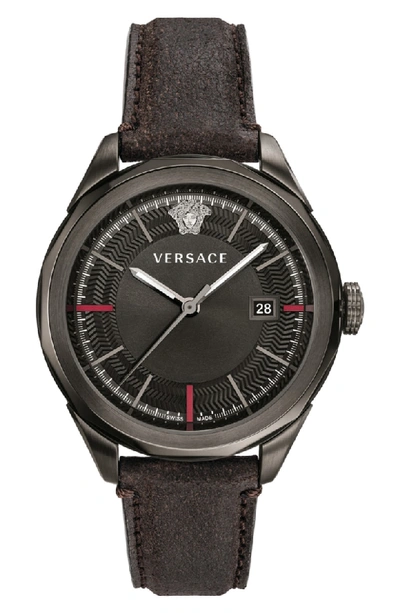 Shop Versace Glaze Leather Strap Watch, 43mm In Black/ Gunmetal