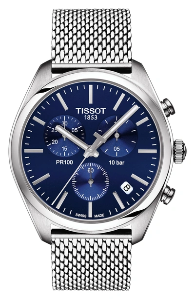 Shop Tissot T-classic Pr100 Chronograph Mesh Bracelet Watch, 41mm In Silver/ Blue/ Silver
