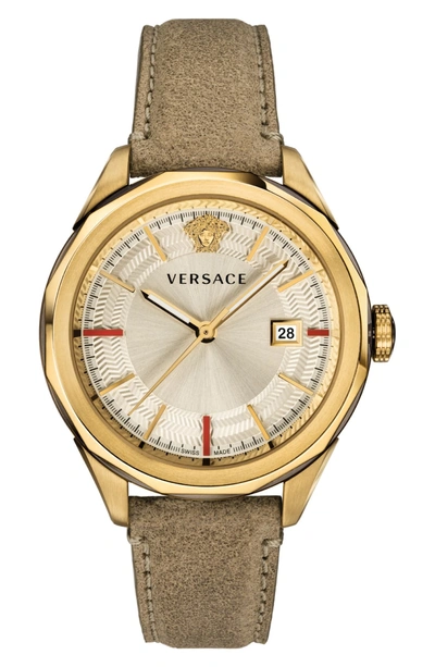 Shop Versace Glaze Leather Strap Watch, 43mm In Brown/ Gold