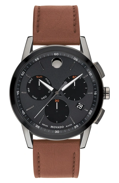 Shop Movado Museum Sport Chronograph Leather Strap Watch, 43mm In Cognac/ Black/ Gunmetal
