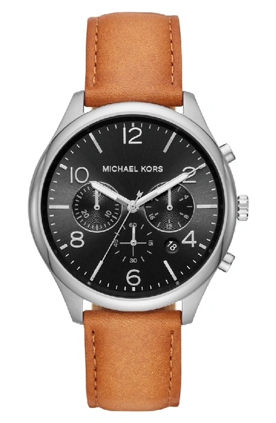 Shop Michael Kors Merrick Leather Strap Watch, 42mm In Brown/ Black Sunray/ Silver