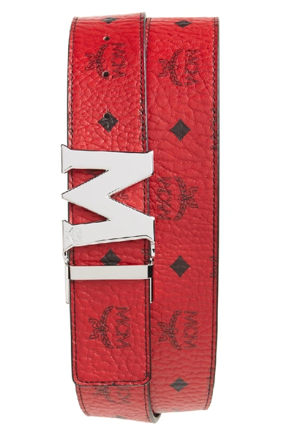 Shop Mcm Reversible Signature Leather Belt In Red