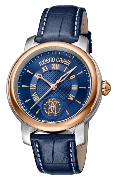 Shop Roberto Cavalli By Franck Muller Rotondo Leather Strap Watch, 43mm In Blue/ Silver