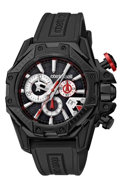 Shop Roberto Cavalli By Franck Muller Viper Chronograph 44mm Rubber Strap Watch In Black