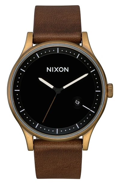 Shop Nixon Station Leather Strap Watch, 41mm In Brown/ Black/ Brass
