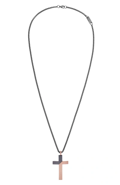 Shop Steve Madden Cross Pendant Necklace In Rose Gold/ Gunmetal