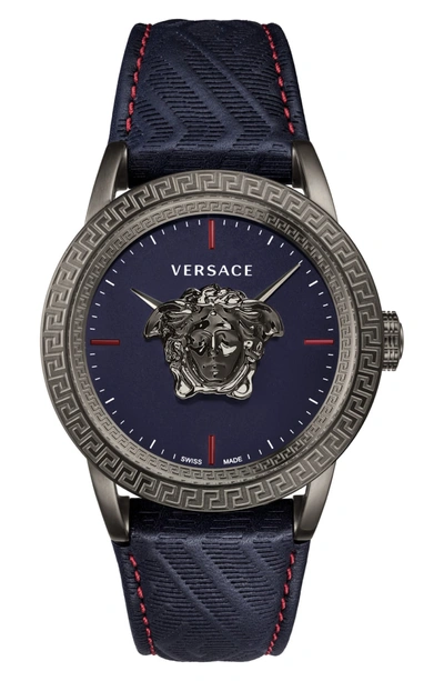 Shop Versace Palazzo Empire Leather Strap Watch, 34mm In Blue/ Gunmetal