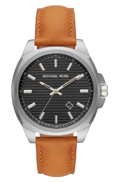 Shop Michael Kors Bryson Leather Strap Watch, 42mm In Brown/ Black Sunray/ Silver