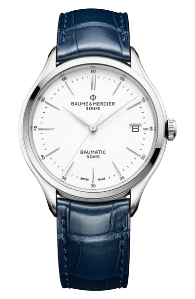 Shop Baume & Mercier Clifton Automatic Leather Strap Watch, 40mm In White/ Blue