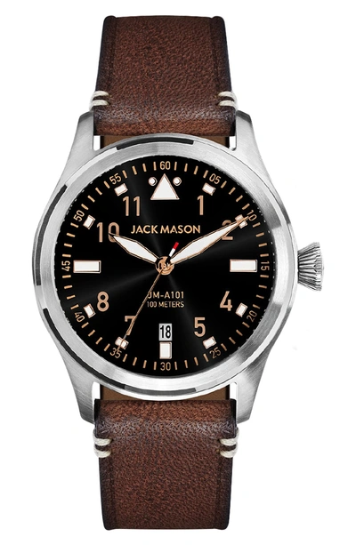 Shop Jack Mason Aviation Leather Strap Watch In Black