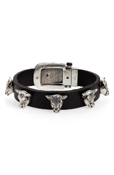 Shop Gucci Sterling Silver Stud Leather Bracelet In Black