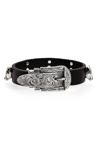 Shop Gucci Sterling Silver Stud Leather Bracelet In Black