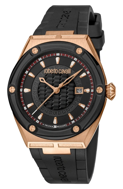 Shop Roberto Cavalli By Franck Muller Scala Automatic Rubber Strap Watch, 45mm In Black/ Rose Gold