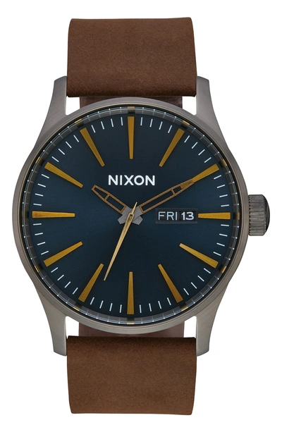 Shop Nixon Sentry Leather Strap Watch, 42mm In Brown/ Indigo/ Gunmetal