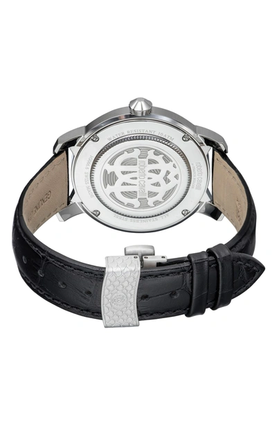 Shop Roberto Cavalli By Franck Muller Rotondo Leather Strap Watch, 43mm In Black/ Silver