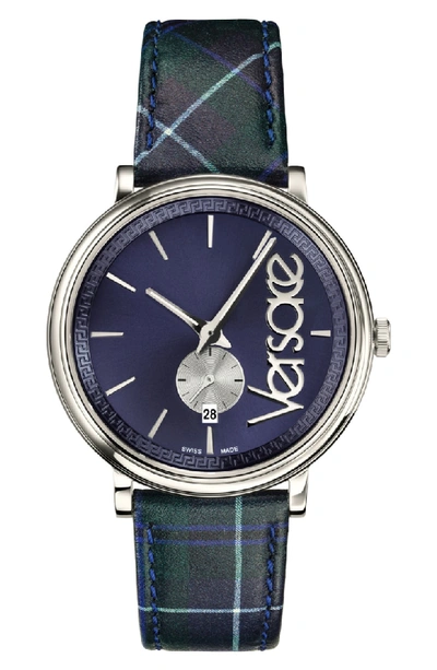 Shop Versace V Circle Clans Edition Leather Strap Watch, 42mm In Tartan Green/ Blue/ Silver