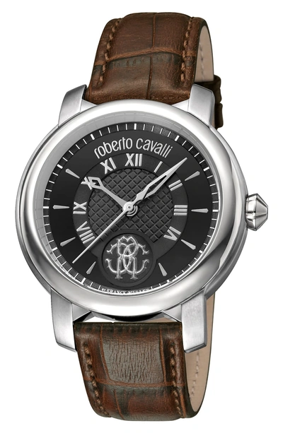 Shop Roberto Cavalli By Franck Muller Rotondo Leather Strap Watch, 43mm In Brown/ Black/ Silver
