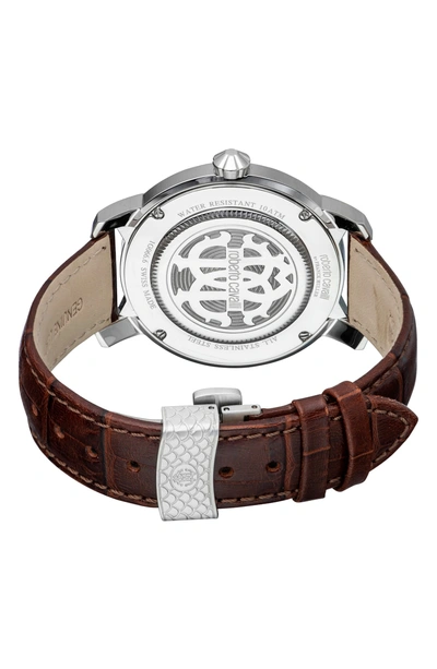 Shop Roberto Cavalli By Franck Muller Rotondo Leather Strap Watch, 43mm In Brown/ Black/ Silver