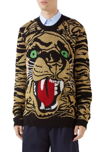 Shop Gucci Tiger Wool Blend Sweater In Black Gold