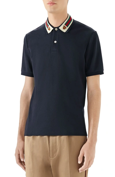 Gucci Men's Pique Polo Shirt W/ Web Collar In 4685 Ink | ModeSens