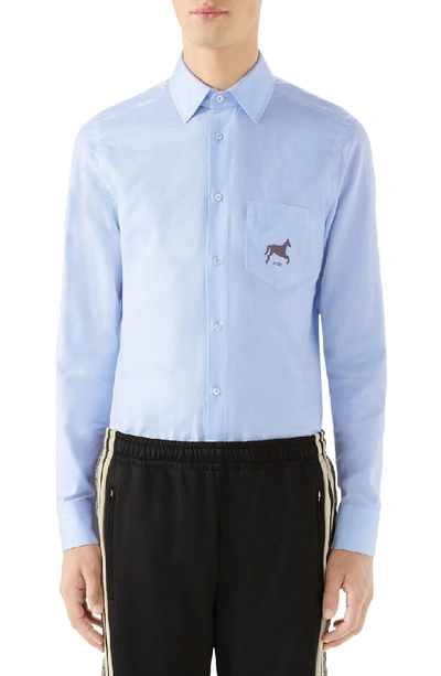 Shop Gucci Trim Fit Horse Logo Cotton Oxford Button-up Shirt In Blue
