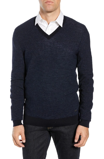 Shop Hugo Boss Emauro Mouline V-neck Slim Fit Sweater In Blue