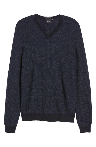 Shop Hugo Boss Emauro Mouline V-neck Slim Fit Sweater In Blue